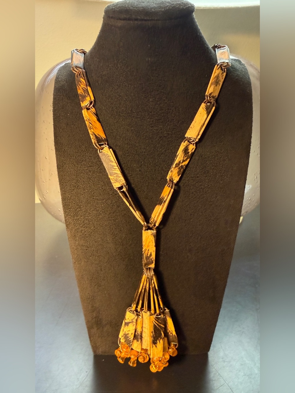 Vintage 1970s Bohemian Handmade Paper Clip Brown Y-Drop Tassel Necklace